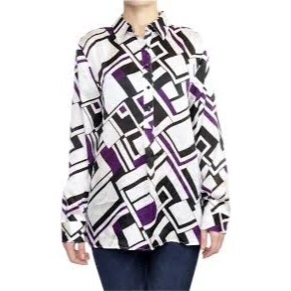 Lauren Ralph Lauren Womens Geometric Print Button-Up Blouse XL Office Old Money - Picture 3 of 12